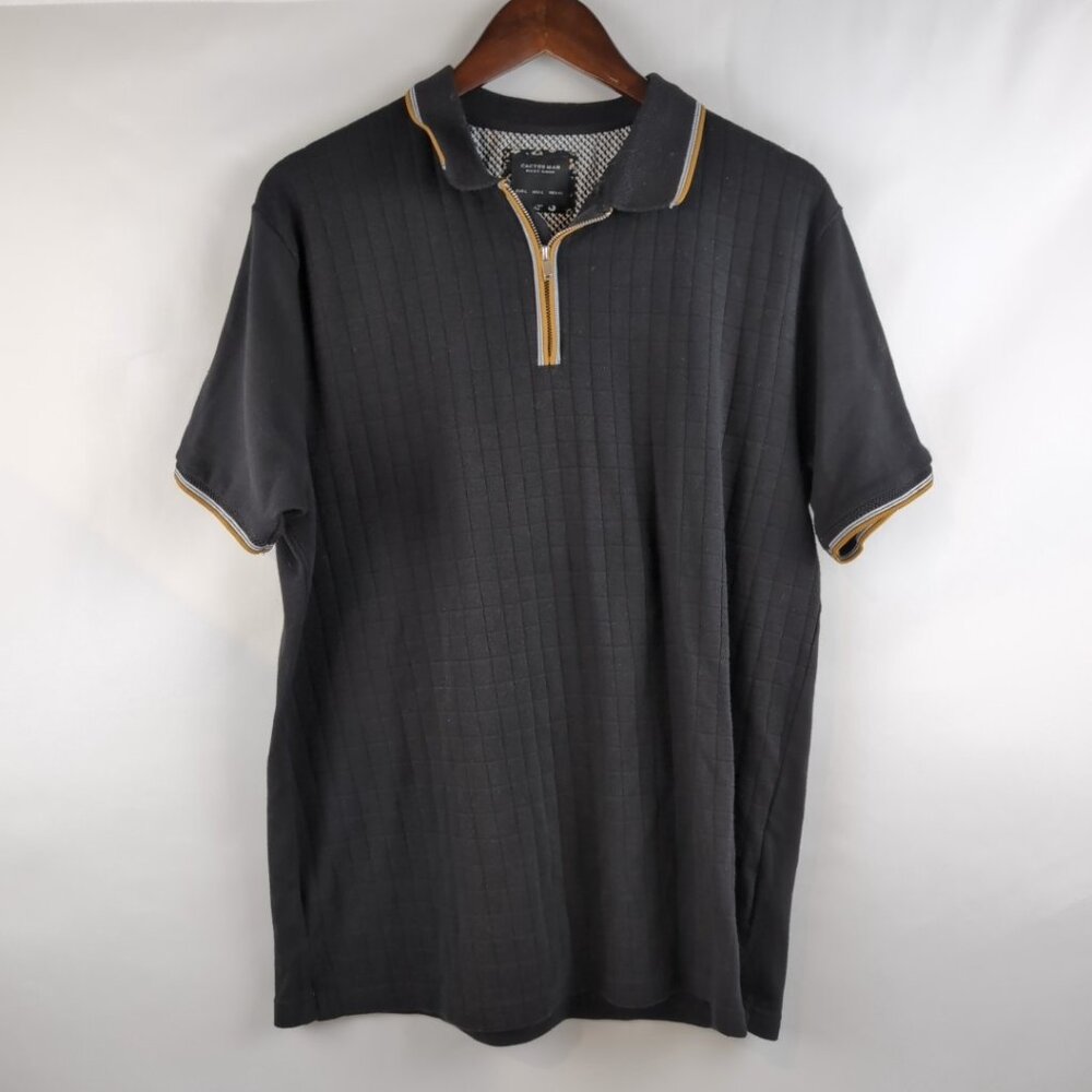 Ricky Singh Cactus Men's Black Zip Up Polo Short Sleeve Textured Brown Trim, L